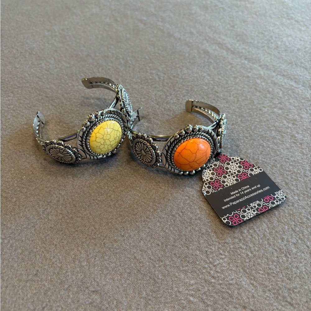 paparazzi Silver Cuff Bracelets with Orange and Yellow Cracked Stones